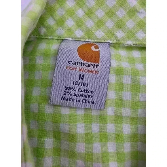 Carhartt Women's Size M Green and White Plaid Button-up Short Sleeve Shirt - Picture 3 of 7